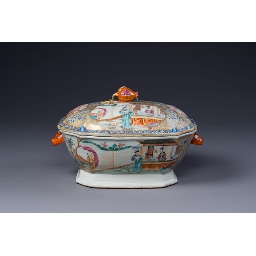 466 - A Chinese Canton famille rose 'mandarin subject' tureen, cover and stand, QianlongL.: 35,5 cm - H.: ... 