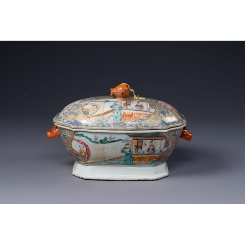 466 - A Chinese Canton famille rose 'mandarin subject' tureen, cover and stand, QianlongL.: 35,5 cm - H.: ... 