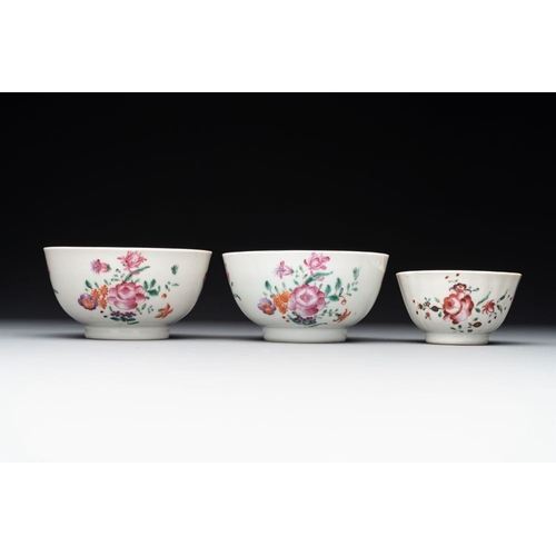 469 - A Chinese famille rose 'Lowestoft' teapot, a plate, three cups and nine saucers, QianlongL.: 23 cm -... 