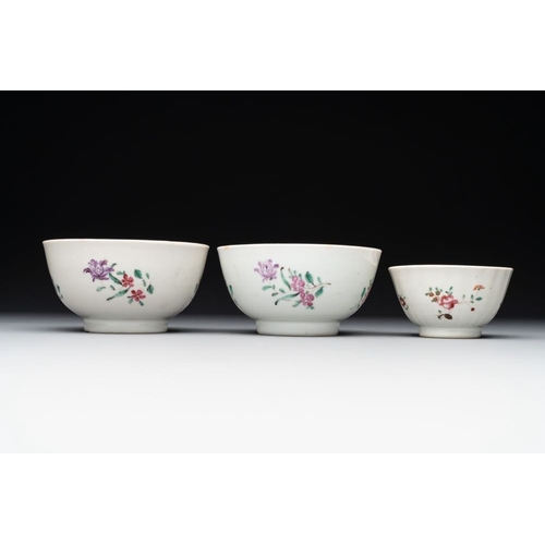 469 - A Chinese famille rose 'Lowestoft' teapot, a plate, three cups and nine saucers, QianlongL.: 23 cm -... 