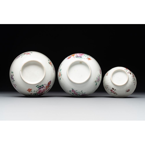 469 - A Chinese famille rose 'Lowestoft' teapot, a plate, three cups and nine saucers, QianlongL.: 23 cm -... 