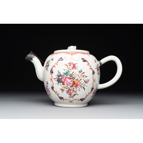 469 - A Chinese famille rose 'Lowestoft' teapot, a plate, three cups and nine saucers, QianlongL.: 23 cm -... 