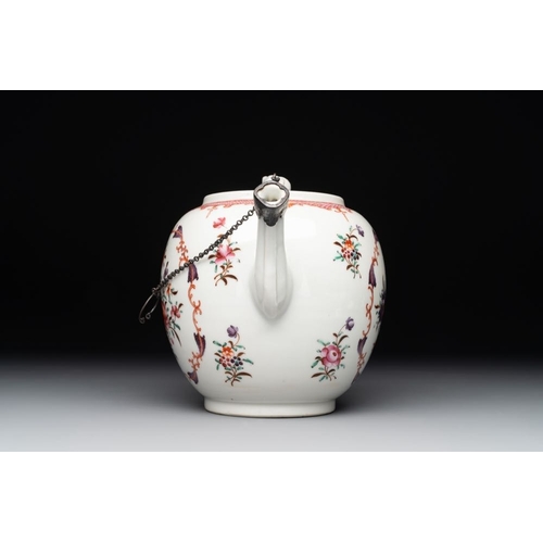 469 - A Chinese famille rose 'Lowestoft' teapot, a plate, three cups and nine saucers, QianlongL.: 23 cm -... 