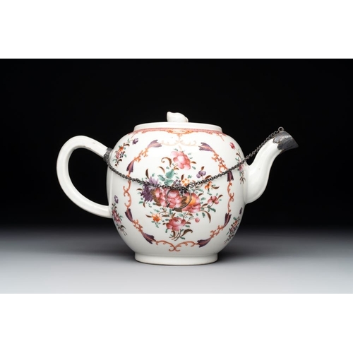 469 - A Chinese famille rose 'Lowestoft' teapot, a plate, three cups and nine saucers, QianlongL.: 23 cm -... 