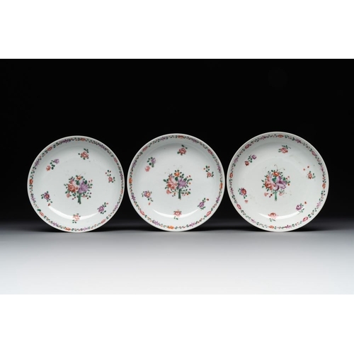 469 - A Chinese famille rose 'Lowestoft' teapot, a plate, three cups and nine saucers, QianlongL.: 23 cm -... 