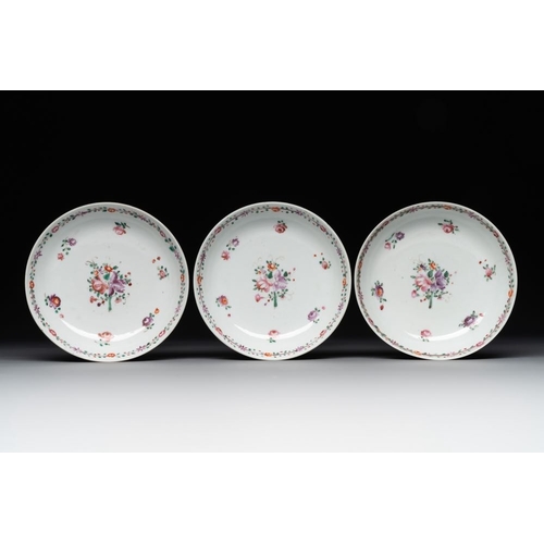 469 - A Chinese famille rose 'Lowestoft' teapot, a plate, three cups and nine saucers, QianlongL.: 23 cm -... 