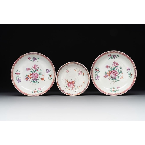 469 - A Chinese famille rose 'Lowestoft' teapot, a plate, three cups and nine saucers, QianlongL.: 23 cm -... 