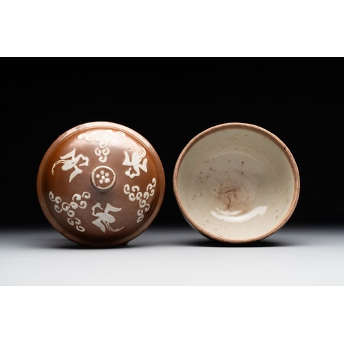 48 - A Chinese slip-decorated brown-glazed 'three friends of winter' bowl and cover, Zhushan kilns, late ... 