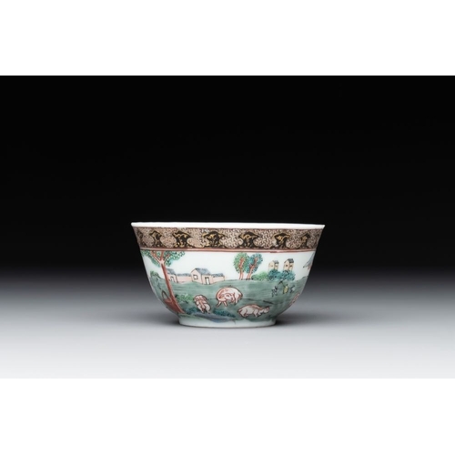 482 - A fine Chinese famille rose 'apple pickers' cup and saucer, YongzhengDia.: 11,7 cm (the saucer)Dia.:... 