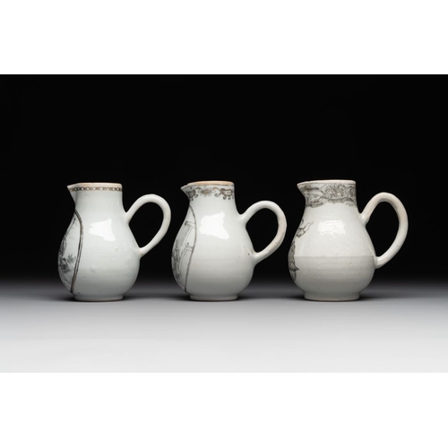 487 - Three various Chinese gilt-decorated grisaille 'European subject' milk jugs, QianlongL.: 10,1 cm - H... 