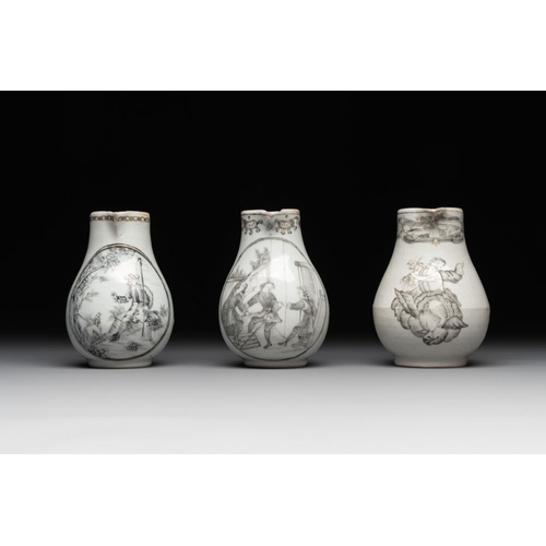 487 - Three various Chinese gilt-decorated grisaille 'European subject' milk jugs, QianlongL.: 10,1 cm - H... 