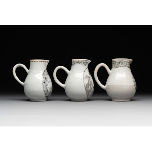 487 - Three various Chinese gilt-decorated grisaille 'European subject' milk jugs, QianlongL.: 10,1 cm - H... 