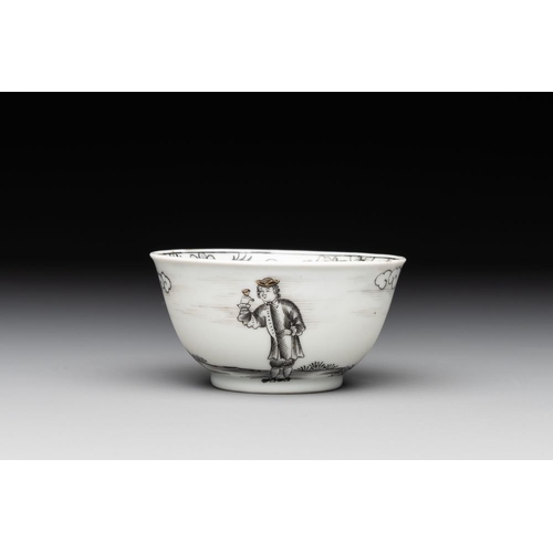 492 - A Chinese grisaille and gilt-decorated 'European subject' cup and saucer, QianlongDia.: 12,2 cm (the... 