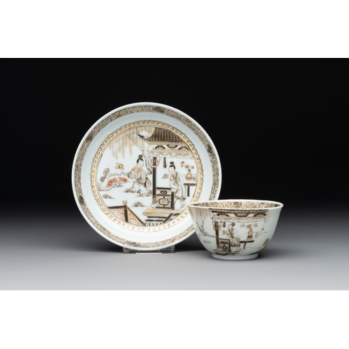 493 - A fine Chinese gilt-decorated grisaille 'Xi Xiang Ji' cup and saucer, YongzhengDia.: 12,1 cm (the sa... 