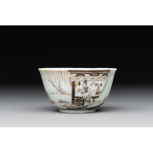 495 - A fine Chinese gilt-decorated grisaille 'Xi Xiang Ji' cup and saucer, YongzhengDia.: 12 cm (the sauc... 