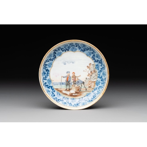 497 - A Chinese export famille rose cup and saucer with a herring merchant, QianlongDia.: 11,8 cm (the sau... 