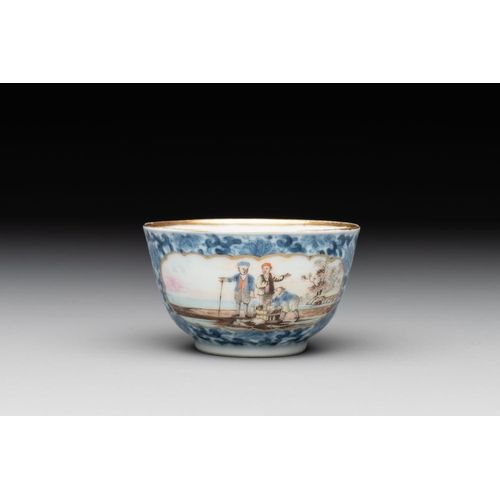 497 - A Chinese export famille rose cup and saucer with a herring merchant, QianlongDia.: 11,8 cm (the sau... 