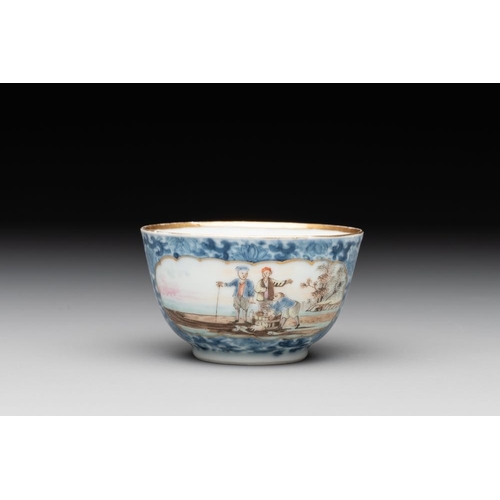 497 - A Chinese export famille rose cup and saucer with a herring merchant, QianlongDia.: 11,8 cm (the sau... 