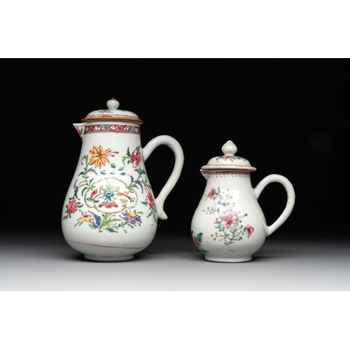 505 - A Chinese famille rose tea caddy, two covered milk jugs and three vases, Yongzheng/QianlongL.: 12 cm... 