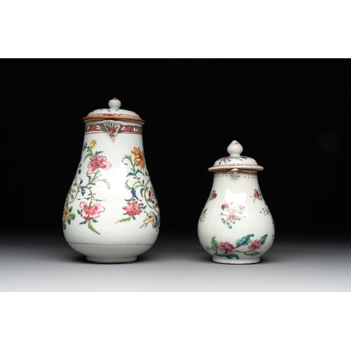 505 - A Chinese famille rose tea caddy, two covered milk jugs and three vases, Yongzheng/QianlongL.: 12 cm... 