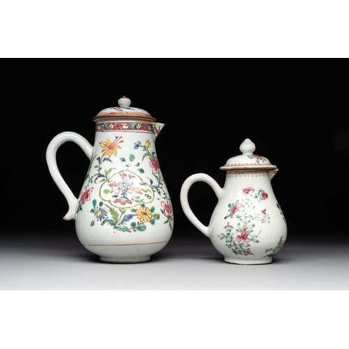 505 - A Chinese famille rose tea caddy, two covered milk jugs and three vases, Yongzheng/QianlongL.: 12 cm... 