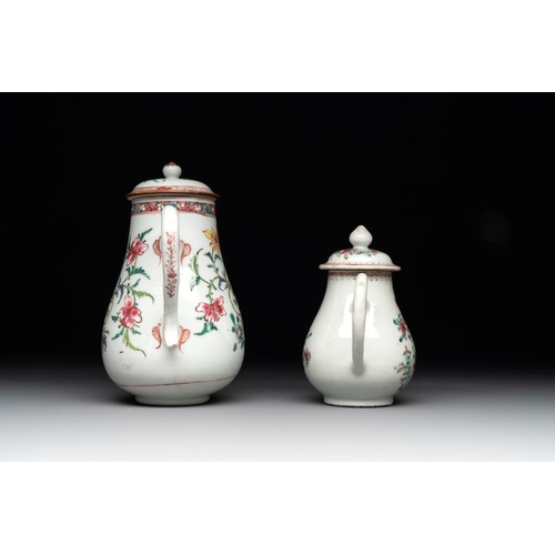 505 - A Chinese famille rose tea caddy, two covered milk jugs and three vases, Yongzheng/QianlongL.: 12 cm... 