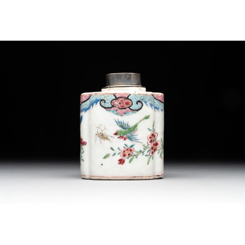 505 - A Chinese famille rose tea caddy, two covered milk jugs and three vases, Yongzheng/QianlongL.: 12 cm... 