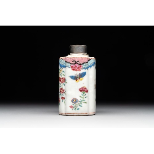 505 - A Chinese famille rose tea caddy, two covered milk jugs and three vases, Yongzheng/QianlongL.: 12 cm... 