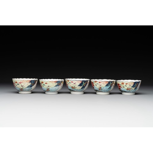 519 - Five Chinese famille rose 'tobacco leaf' cups and saucers, QianlongDia.: 12,3 cm (the saucers)Dia.: ... 