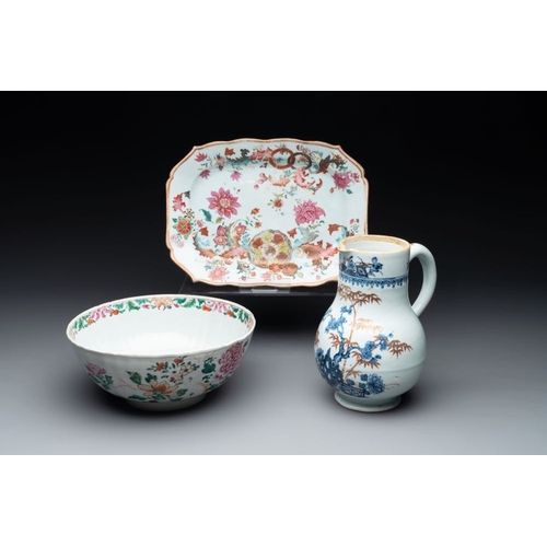 520 - A Chinese famille rose 'pseudo-tobacco leaf' dish, a bowl and a blue and white gilt-decorated jug, Q... 