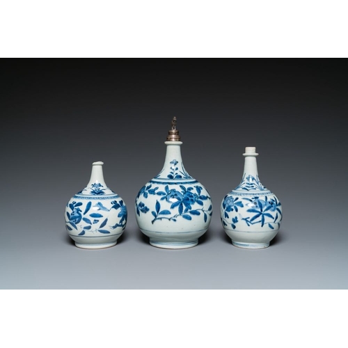 533 - Three Japanese blue and white Arita 'birds among flowering branches' pharmacy bottles, Edo, 18th C.H... 