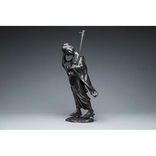 542 - A large Japanese bronze okimono of a musician, Sen Feng Sheng Zuo  mark, Meiji, 19th C.H.: 88 cm
Wei... 