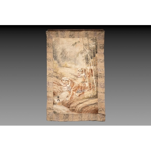 547 - A Japanese embroidered silk wall tapestry with two tigers, Meiji, 19th C.Dim.: 132,5 x87,5 cm... 