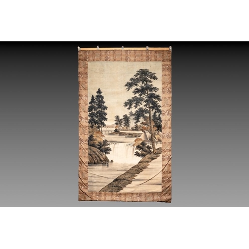 548 - A Japanese embroidered wall tapestry with a river landscape, Meiji/Taisho, 19/20th C.Dim.: 165 x109,... 