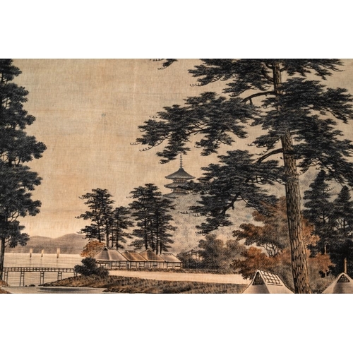 548 - A Japanese embroidered wall tapestry with a river landscape, Meiji/Taisho, 19/20th C.Dim.: 165 x109,... 