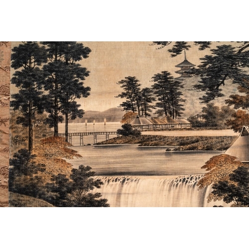 548 - A Japanese embroidered wall tapestry with a river landscape, Meiji/Taisho, 19/20th C.Dim.: 165 x109,... 