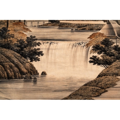 548 - A Japanese embroidered wall tapestry with a river landscape, Meiji/Taisho, 19/20th C.Dim.: 165 x109,... 