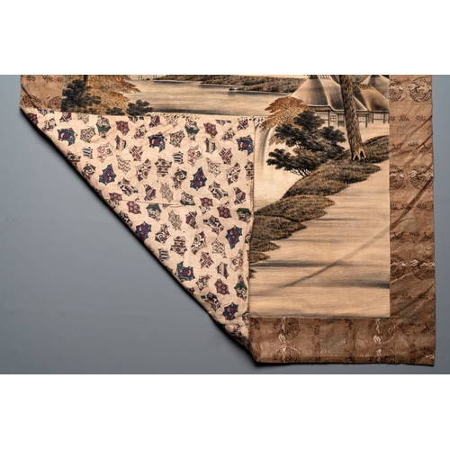 548 - A Japanese embroidered wall tapestry with a river landscape, Meiji/Taisho, 19/20th C.Dim.: 165 x109,... 