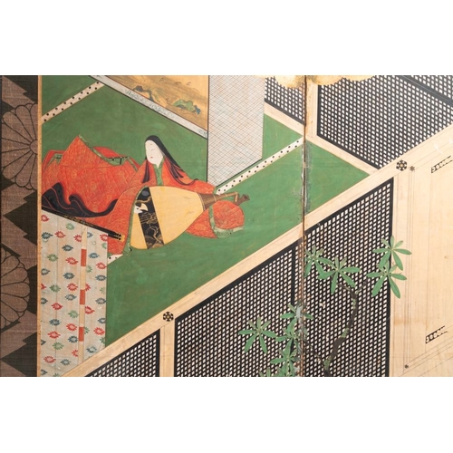 549 - A Japanese six-panel 'byobu' screen: ink, colour and gold leaf on paper, with silk border, Edo, 18th... 