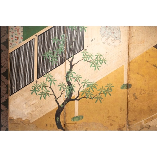 549 - A Japanese six-panel 'byobu' screen: ink, colour and gold leaf on paper, with silk border, Edo, 18th... 