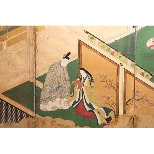 549 - A Japanese six-panel 'byobu' screen: ink, colour and gold leaf on paper, with silk border, Edo, 18th... 