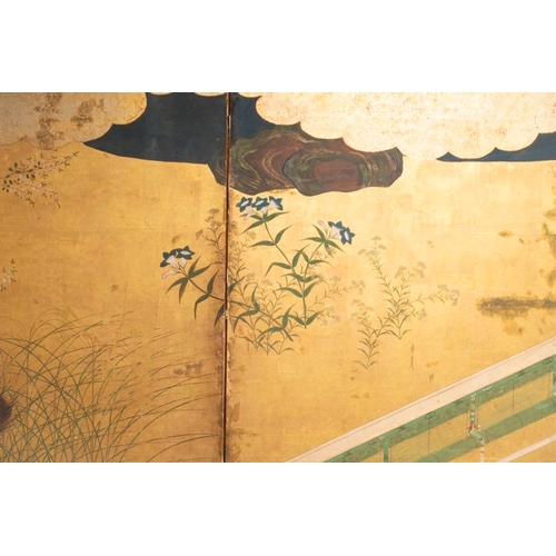 549 - A Japanese six-panel 'byobu' screen: ink, colour and gold leaf on paper, with silk border, Edo, 18th... 