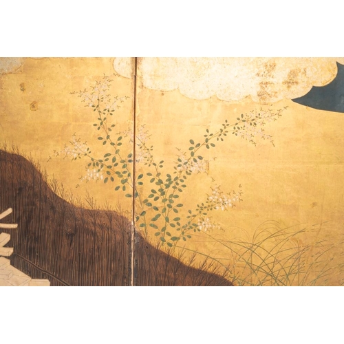 549 - A Japanese six-panel 'byobu' screen: ink, colour and gold leaf on paper, with silk border, Edo, 18th... 