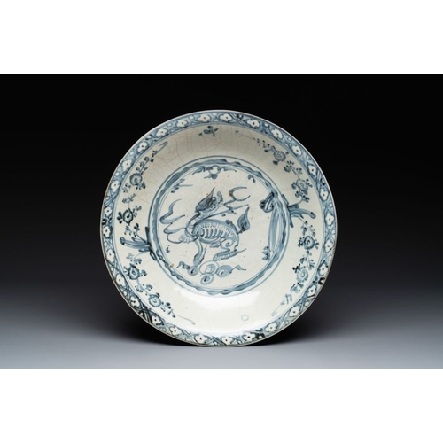 55 - A Chinese Swatow blue and white 'kylin' dish, MingDia.: 38 cm