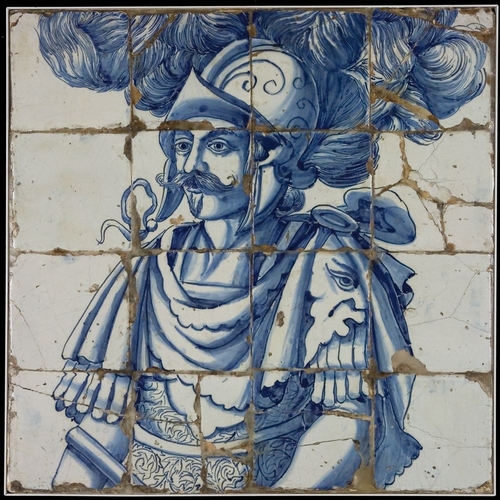 554 - A rare and very large blue and white Dutch Delft 60-piece tile mural depicting Hannibal, 17th C.Dim.... 