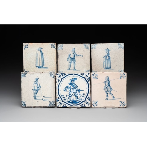 609 - Six blue and white Dutch Delft tiles with large figures, 17th C.Dim.: ca. 12,9 x 12,9 cm (each tile)... 