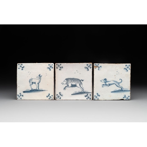 610 - Six blue, white and polychrome Delftware tiles, The Netherlands/Germany, 17/18th C.Dim.: 12 x 12x 1 ... 