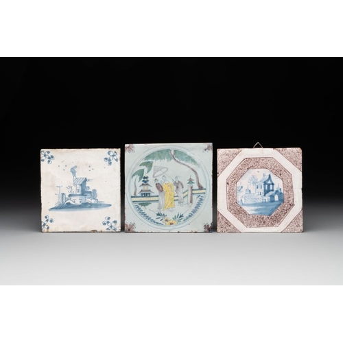 610 - Six blue, white and polychrome Delftware tiles, The Netherlands/Germany, 17/18th C.Dim.: 12 x 12x 1 ... 