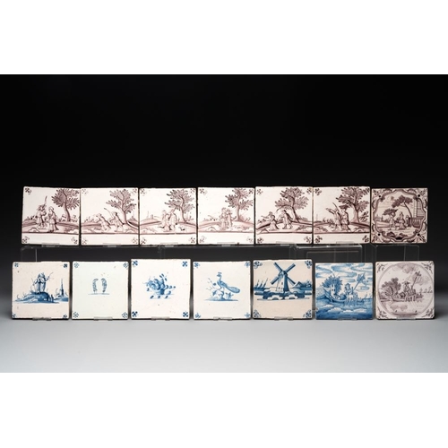 615 - Fourteen blue, white and manganese Dutch Delft tiles, 18th C.Dim.: 13,2 x 13,2 cm (the largest)Dim.:... 