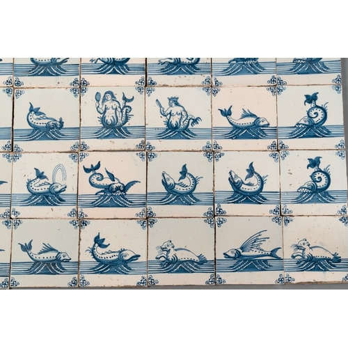 617 - A field of 30 Dutch Delft blue and white tiles with sea creatures and ships, 18th C.Dim.: 13 x 13 cm... 